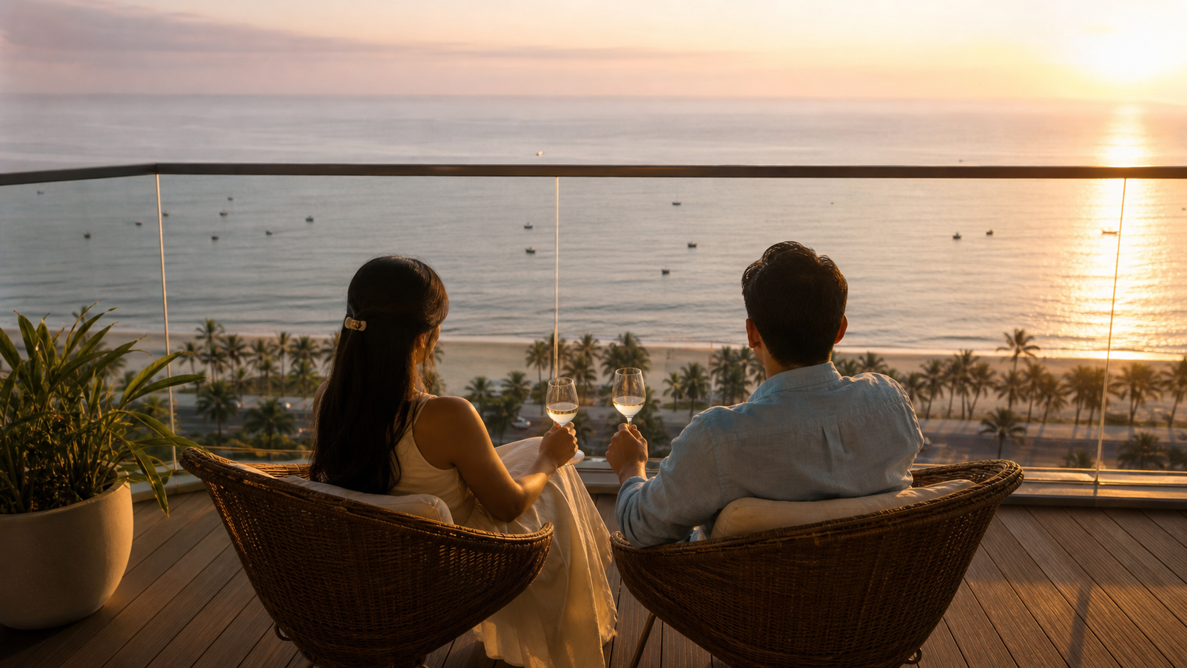 Couple balcony at sunset