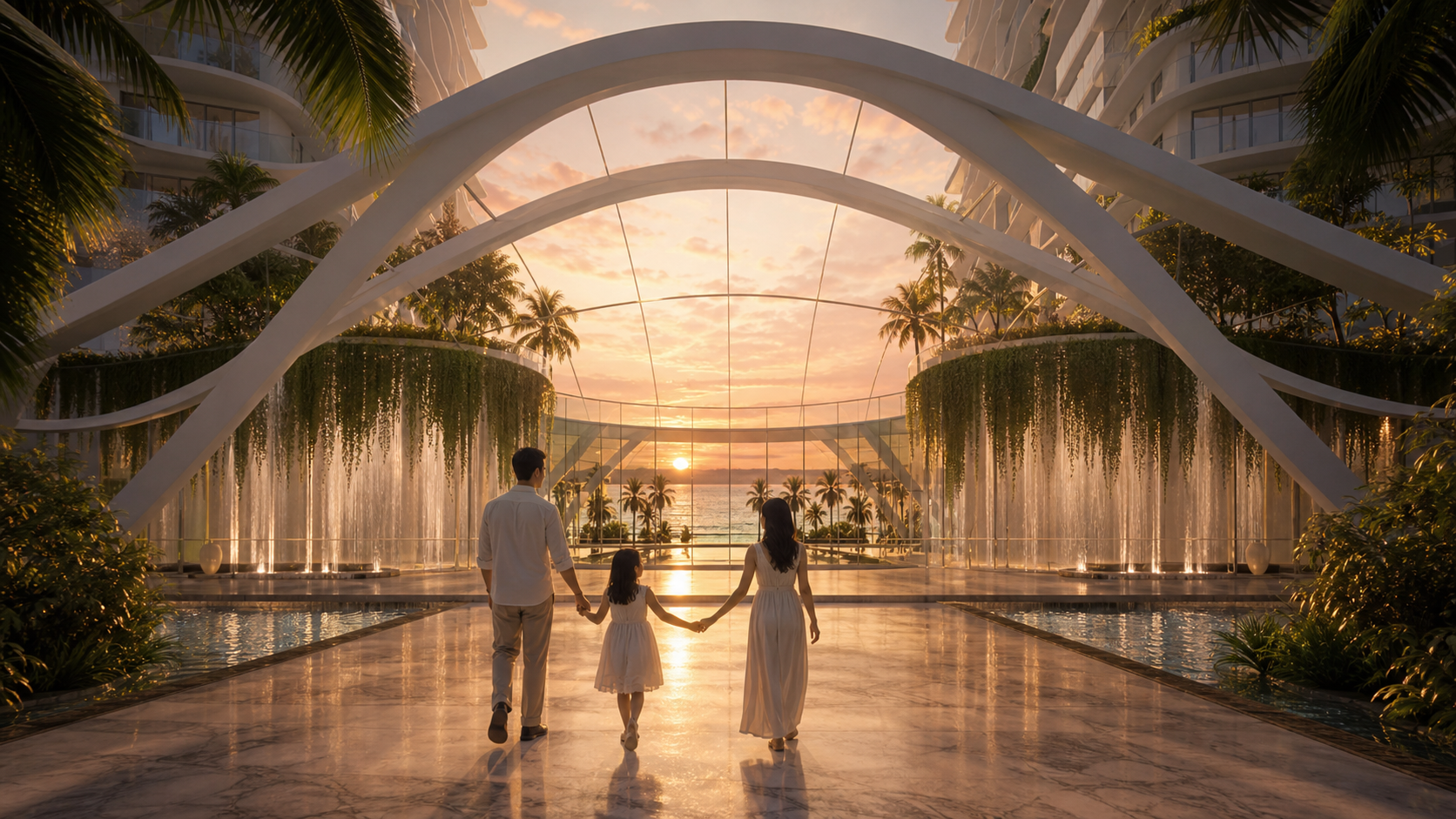 Family at lobby arch