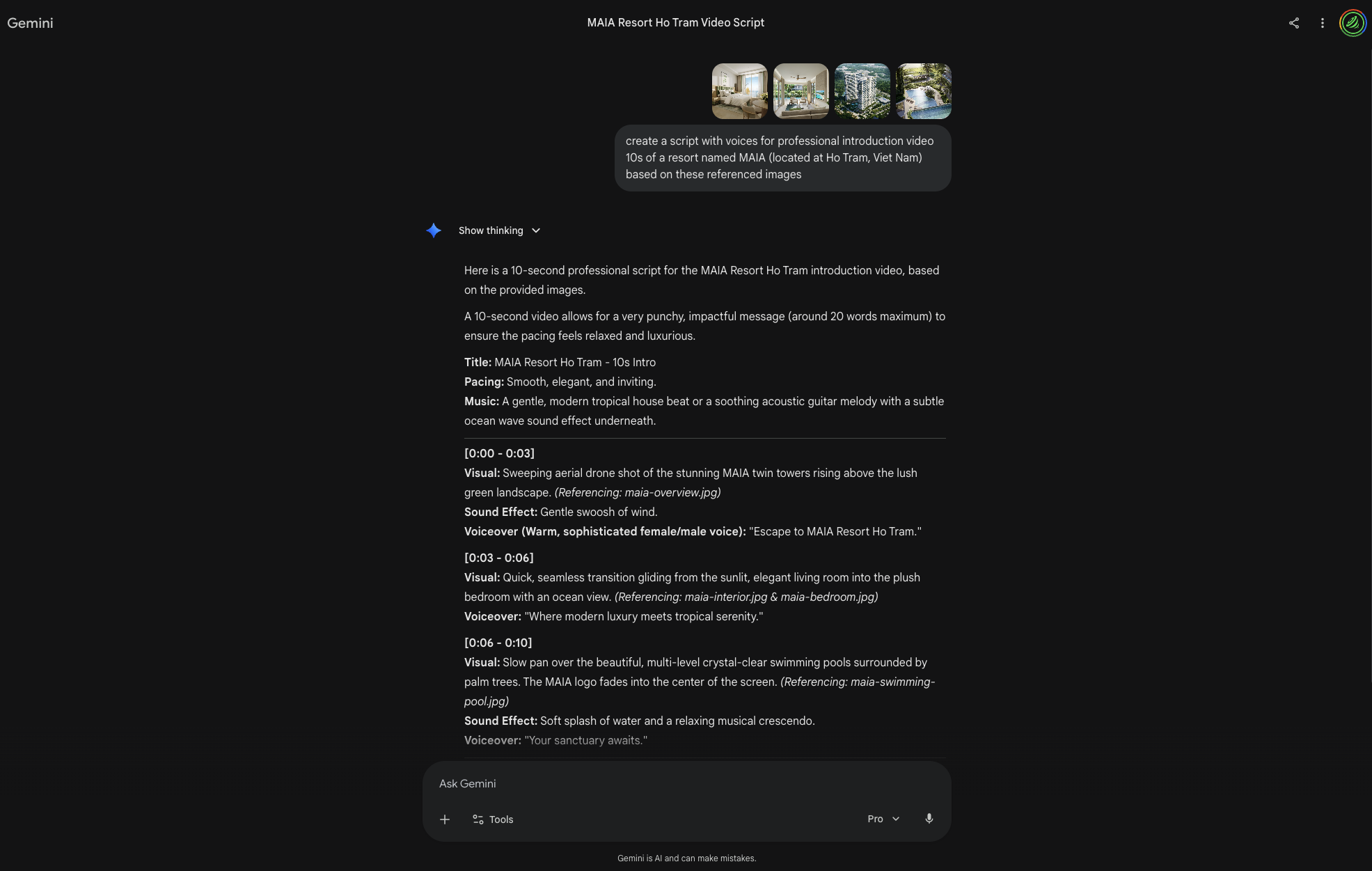 Gemini app tạo kịch bản video Maia 10s từ 4 ảnh tham chiếu