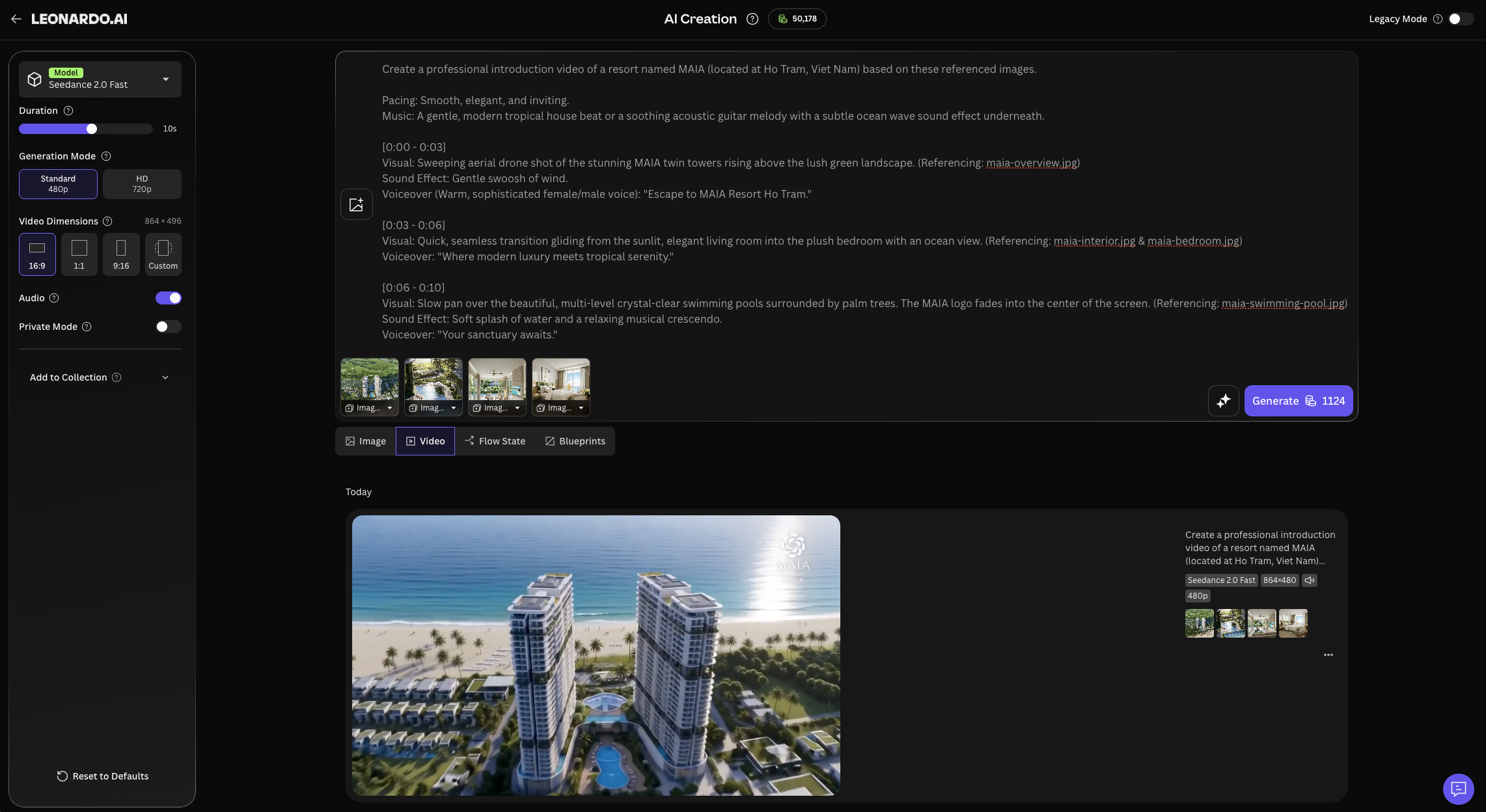 Leonardo AI dùng model Seedance 2.0 Fast để render video Maia 10s